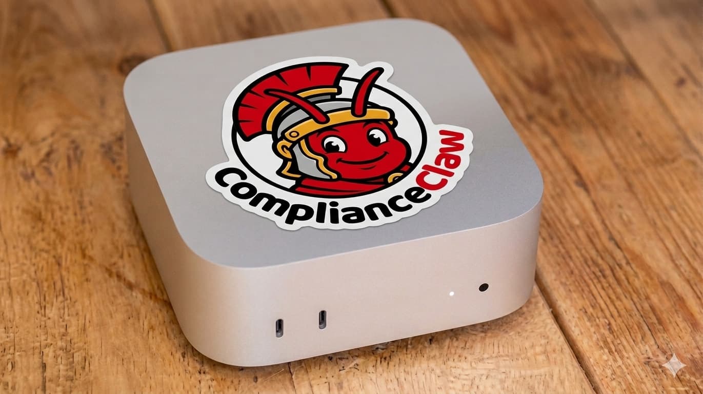 The ComplianceClaw appliance: a Mac Mini with the ComplianceClaw sticker on top